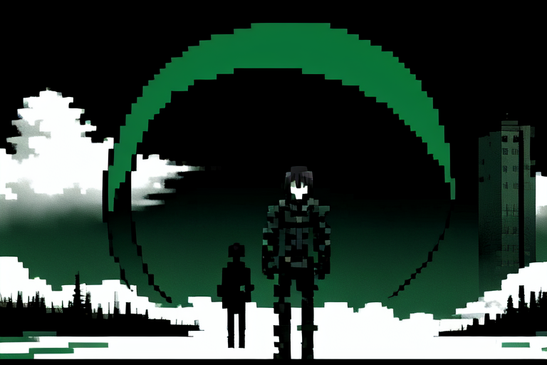 highly insanely detailed, masterpiece, top quality, best quality, highres, 4k, 8k, RAW photo, (very aesthetic, beautiful and aesthetic),  
tsutomu nihei,nihei_tsutomu,blame!,blame gakuen!,abara,TNstyle,sidonia_no_kishi,walkway,letterboxed,fence,clouds,buildings, 
<lora:ABARA:0.7>, 
(1girl:1.3), 
solo focus, 
emerald green background,iridescent background,black background,(colored camouflage background),âââ