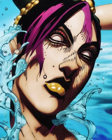 <lora:JolyneCujoh15:1> A photo of Jolyne Cujoh in a pool party, Very detailed, clean, high quality, sharp image, Mark Ryden, Saturno Butto