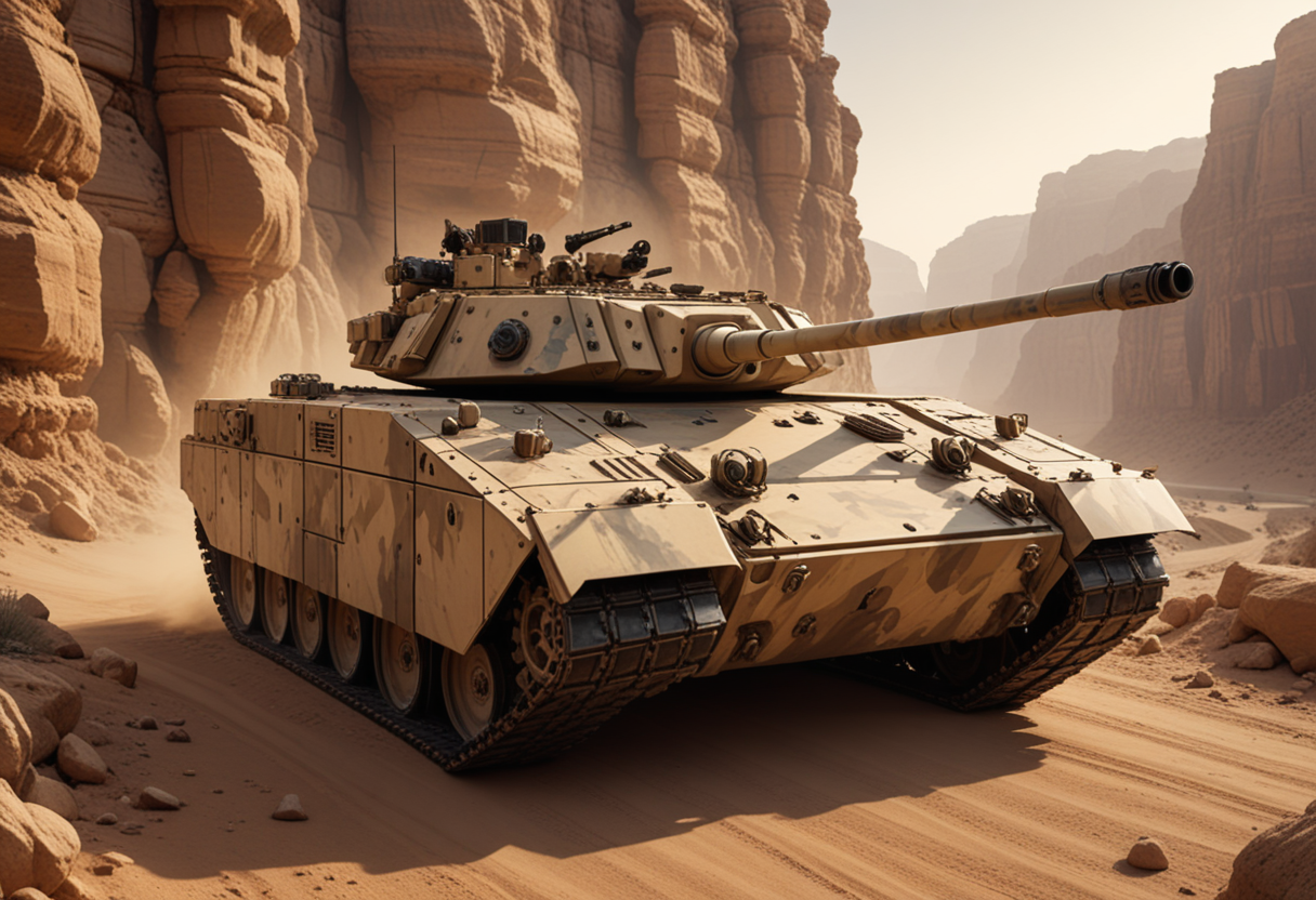 (medium full shot) of (formidable light desert-camo tank) with modular armor, diesel, extended barrel, reactive armor blocks, set in  a narrow canyon, with high walls and limited visibility, the tank navigating the tight space, during a dusk operation, Masterpiece,best quality, photo, realistic, very aesthetic,