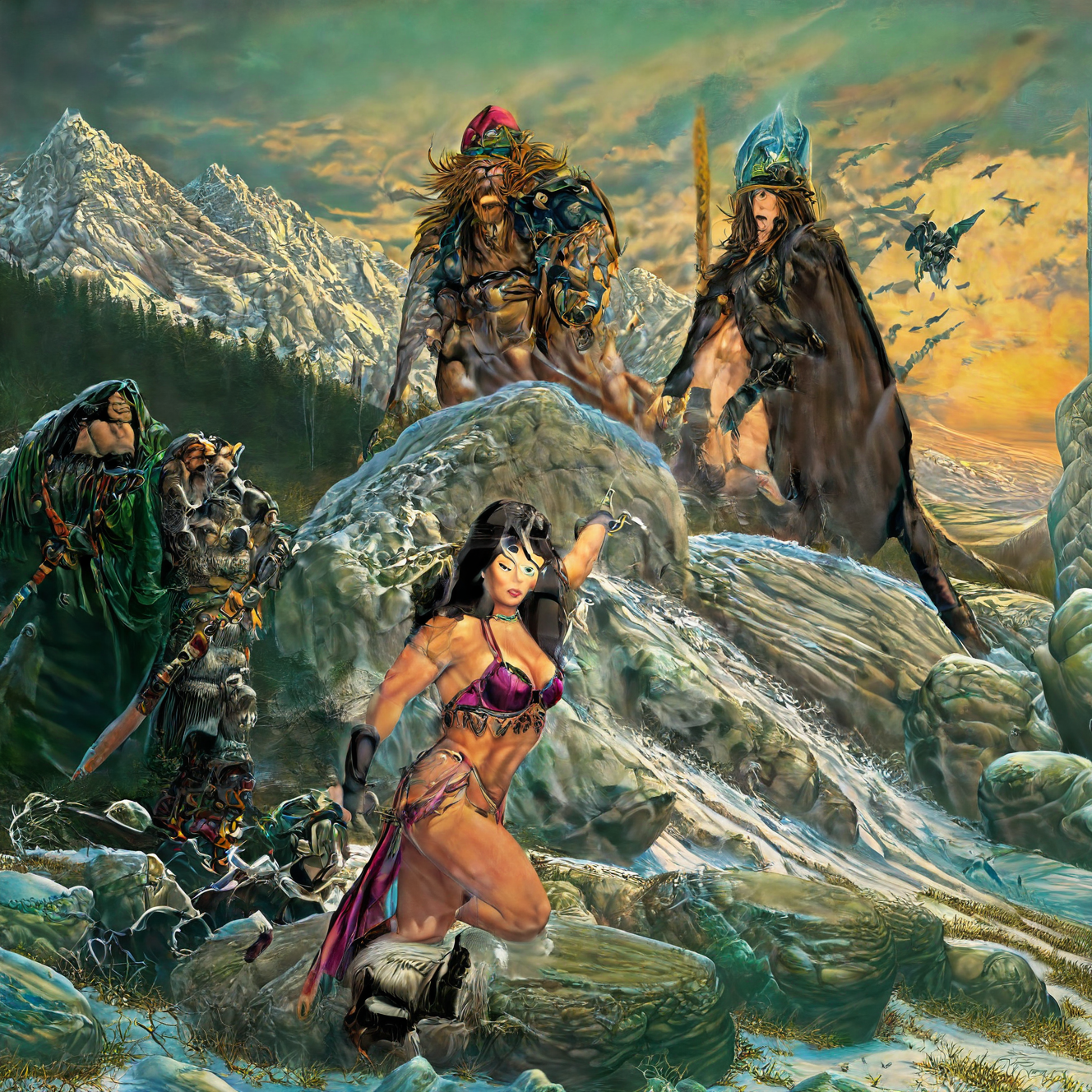 illustration, supermodel witch, nude woman with dog <lora:Elmore_Style_LX-000010:0.5> fantasy illustrations of by Elmore_Style_LX , standing pose, Witches and warriors, sexy, skimpy, slutty, adventure, cinematic, epic outdoor location, fantasy illustration, cinematic scene by forgotten realms, 1woman barbarian, skimpy armor, Huge breasts, bikini armor, sexy barbarian nude , with sword with a magic items, in the background epic winter sunset Fantasy masterpiece by Larry Elmore , dragonlance , <lora:Elmore_Style_LX-000010:0.6>