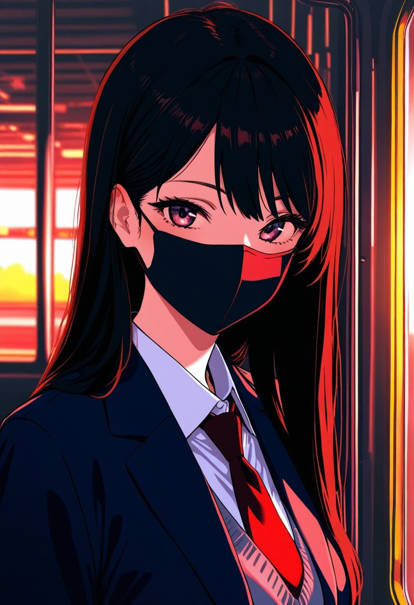 1girl, metro, Smooth_Quality, school uniform, vivid colors, face mask
