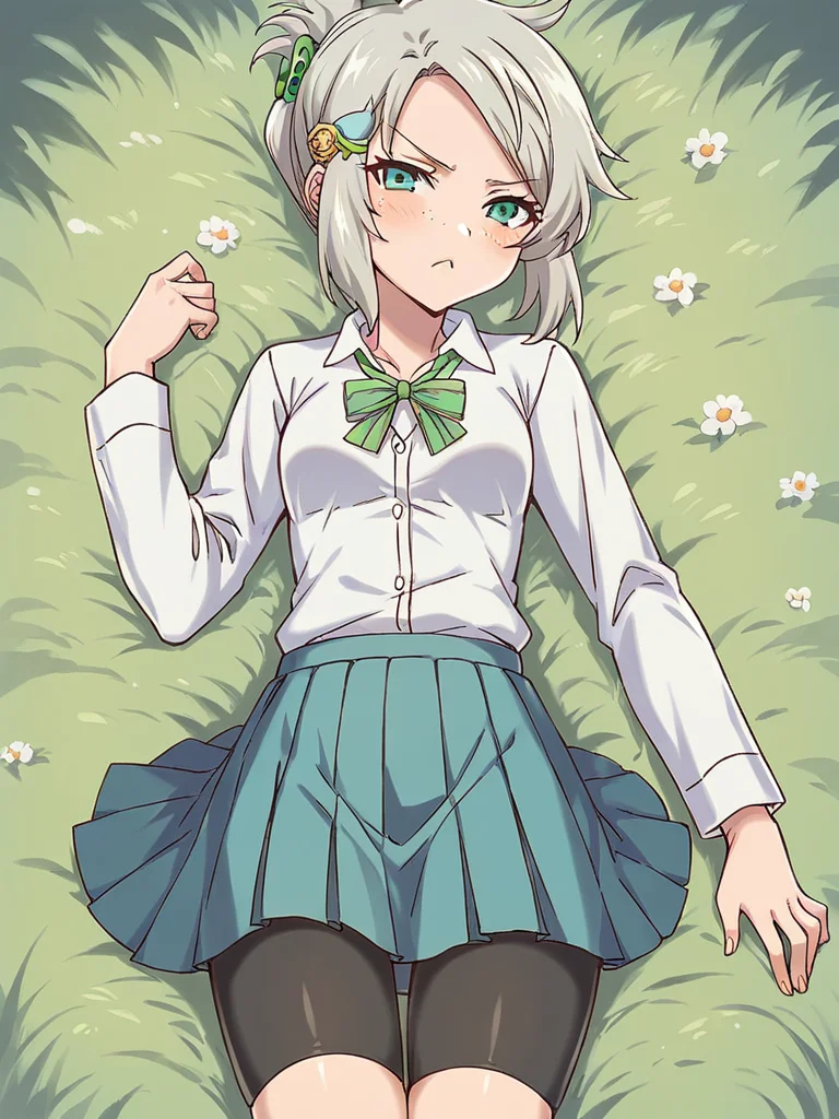 score_9, score_8_up, score_7_up,
1girl, lucy rf, grey hair, green eyes, small breasts, freckles, folded ponytail, hair ornament,
lying, on back, on grass, frown, narrowed eyes, pout, looking at viewer, school uniform, white shirt, long sleeves, neck ribbon, pleated skirt, bike shorts,