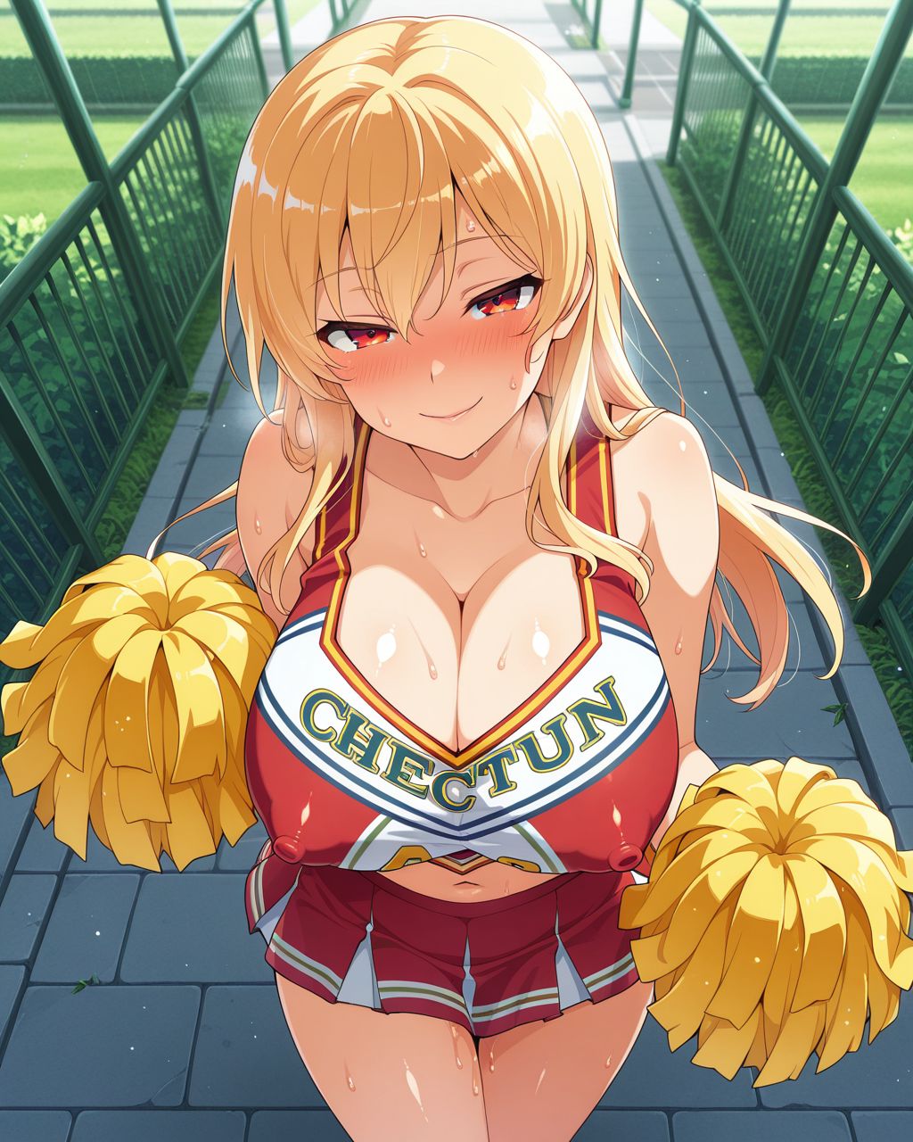 solo, standing, BREAK
1girl,big breasts,lovestruck,seductive smile,in heat,embarrassed,BREAK
blonde hair,long hair,red eyes,cheerleader,BREAK
shiny skin,erect nipples,outdoors, sweat,BREAK
masterpiece,best quality,amazing quality,explicit,<lora:HTNEO:0.75><lora:総司Ill:0.75>