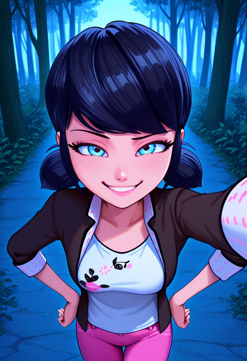 bright colors, detailed background,, volumetric light, vivid colours, standing,
looking at viewer, outdoors, overcast, dark, forest, vines, ponypositive, solo, solo focus, open hands on hip, single eyebrow lifted, smirk,
Marinette Dupain-Cheng, shoulder-length black hair with blue reflections tied back in pigtails, light pink lips, fair skin, bright bluebell eyes, unbuttoned jacket, white T-shirt, pink jeans, 
Smooth Quality,
best quality, hyper detailed, ambient stylish expressive lighting, absolutely eye-catching masterpiece, body extremely close-up view, (facing viewer), forward, face extremely close-up shot, chest focus, selfie,