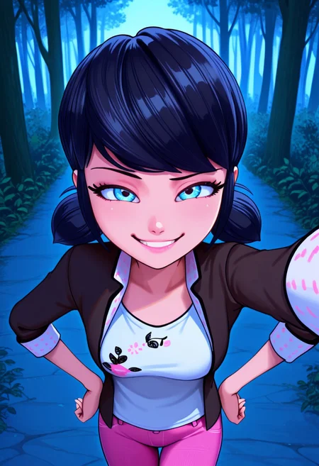 bright colors, detailed background,, volumetric light, vivid colours, standing,
looking at viewer, outdoors, overcast, dark, forest, vines, ponypositive, solo, solo focus, open hands on hip, single eyebrow lifted, smirk,
Marinette Dupain-Cheng, shoulder-length black hair with blue reflections tied back in pigtails, light pink lips, fair skin, bright bluebell eyes, unbuttoned jacket, white T-shirt, pink jeans,
Smooth Quality,
best quality, hyper detailed, ambient stylish expressive lighting, absolutely eye-catching masterpiece, body extremely close-up view, (facing viewer), forward, face extremely close-up shot, chest focus, selfie,