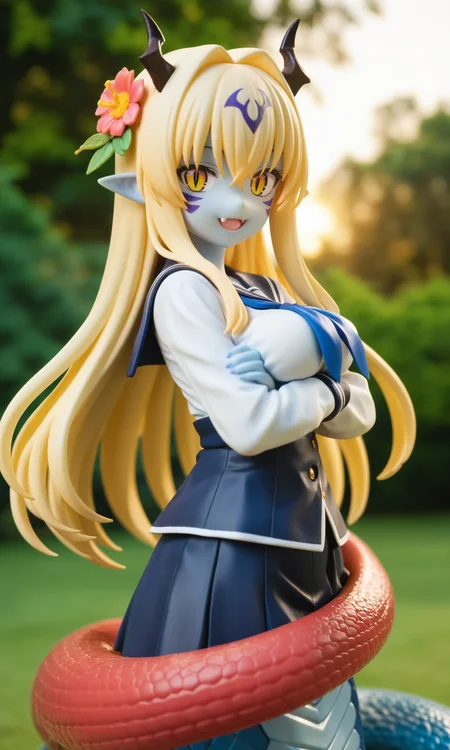 1girl,
real world location, photo background, the real background, Alice, face marking, breast marking, thigh marking, arm marking, hair flower, hair ornament, colored skin, blue skin/grey skin, horns, pointy ears, yellow eyes, slit pupils, bangs, hair between eyes, sidelocks, white hair, sunset, smile, outdoors, forest, lamia, yamaku school uniform, solo, looking at viewer, tattoo, flower, monster girl, nature, long hair, facial mark, forehead mark, fang,
A young girl with long blonde hair and blue eyes. she is standing in a park or garden with trees and bushes in the background. the girl has two large horns on her head, one on each side of her head and the other on her chest. she has a small flower in her hair and is wearing a black dress with gold accents. her arms are crossed over her chest and she has a peaceful expression on her face. the overall mood of the image is serene and peaceful.
score_9, score_8_up, score_7_up, source_anime, anime screencap