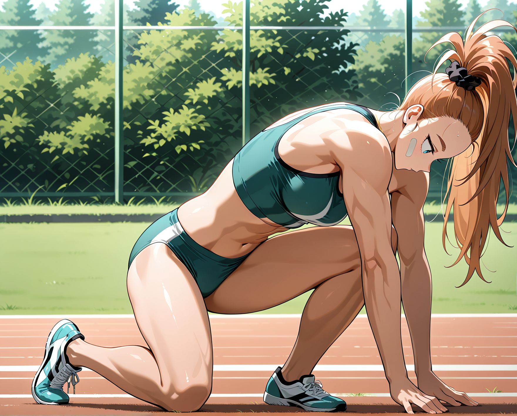 <lora:add-detail-xl:0.5>,,masterpiece,best quality,anime coloring,anime screenshot,
<lora:female_athlete:1>female_athleteV1,
1girl,sports crop top,track briefs,midriff,from side,  face down,one knee on ground,
starting position,kneeling pose,ready to sprint, looking down,
<lora:CaptainMizuki(Manga)_ILXL_v1:0.8> captain mizuki,  bandaid on face, muscular female, toned, long hair, ponytail, forehead, hair scrunchie, 
sports bra, midriff, navel, linea alba, buruma,