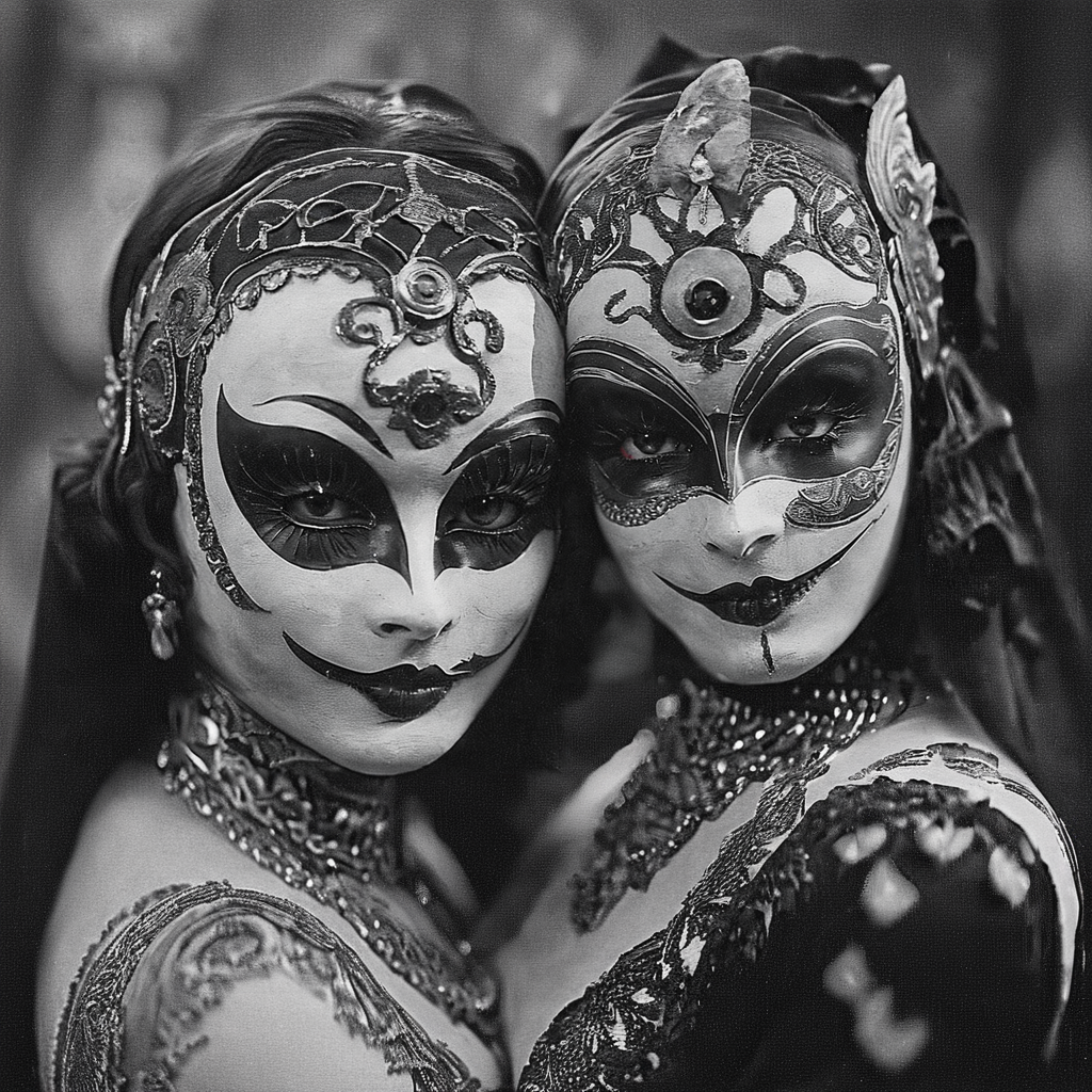 <lora:20s_Silent_MovieSDXL:1> ArsMovieStill, 20s Silent Movie Still, Black and White, The image is a black and white photograph of two women wearing elaborate masks. The woman on the left is wearing a headpiece with intricate designs and patterns while the woman in the middle has her face painted with a dramatic and ornate design. Both women have dark makeup and are wearing elaborate necklaces and earrings. The background is blurred making the masks the focal point of the image. The women are standing close together with their arms around each other and their faces are slightly tilted to the side. The overall mood of the photograph is dark and mysterious., monochrome, greyscale, 2girls, multiple girls, looking at viewer, jewelry, makeup, choker, long hair, smile