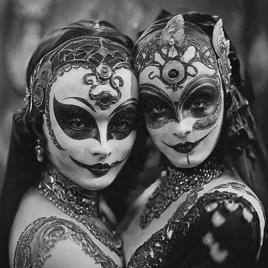 <lora:20s_Silent_MovieSDXL:1> ArsMovieStill, 20s Silent Movie Still, Black and White, The image is a black and white photograph of two women wearing elaborate masks. The woman on the left is wearing a headpiece with intricate designs and patterns while the woman in the middle has her face painted with a dramatic and ornate design. Both women have dark makeup and are wearing elaborate necklaces and earrings. The background is blurred making the masks the focal point of the image. The women are standing close together with their arms around each other and their faces are slightly tilted to the side. The overall mood of the photograph is dark and mysterious., monochrome, greyscale, 2girls, multiple girls, looking at viewer, jewelry, makeup, choker, long hair, smile
