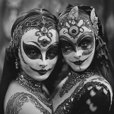 <lora:20s_Silent_MovieSDXL:1> ArsMovieStill, 20s Silent Movie Still, Black and White, The image is a black and white photograph of two women wearing elaborate masks. The woman on the left is wearing a headpiece with intricate designs and patterns while the woman in the middle has her face painted with a dramatic and ornate design. Both women have dark makeup and are wearing elaborate necklaces and earrings. The background is blurred making the masks the focal point of the image. The women are standing close together with their arms around each other and their faces are slightly tilted to the side. The overall mood of the photograph is dark and mysterious., monochrome, greyscale, 2girls, multiple girls, looking at viewer, jewelry, makeup, choker, long hair, smile