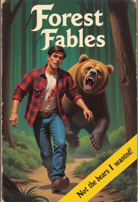 80s cover of a slim man wearing flannel in a forest terrified and running away from an angry grizzly bear. The title of the book reads: "Forest Fables" and the subtitle on the bottom reads, diagonally: "Not the bears I wanted!" The man's shirt is tattered and bloody.