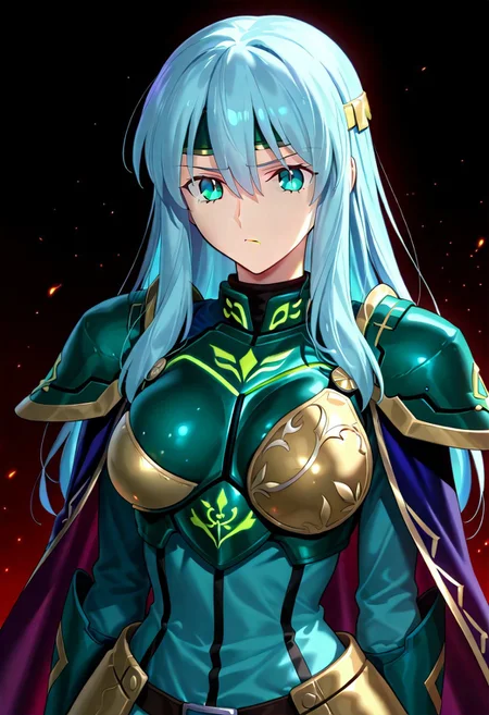 score_9, score_8_up, score_7_up, ((solo)), calm, pout, closed mouth, 1girl, solo, (medium breasts, thin waist, wide hips), peaceful, closed mouth, adult, (((eirika face))), (((cyan hair, cyan eyes))), ((long hair, hair between eyes)), (((indigo cape, metal headband, green metal_uniform, metal breast_armor))), no background, dark background, cowboy shot, dark background, portrait, Expressiveh,