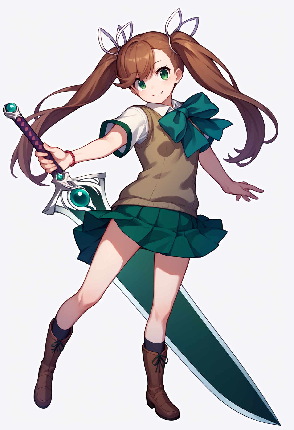 score_9, score_8_up, score_7_up, score_6_up, score_5_up, score_4_up, BREAK, source_anime,
1girl, nanase, brown hair, twintails, hair ribbon, long hair, green eyes,
bow, green pleated skirt, school uniform, sweater vest, white shirt, brown boots,
holding a giant sword,
dynamic pose, full body, smile, looking at viewer, solo, simple background, white background    <lora:NanaseXL:1>
