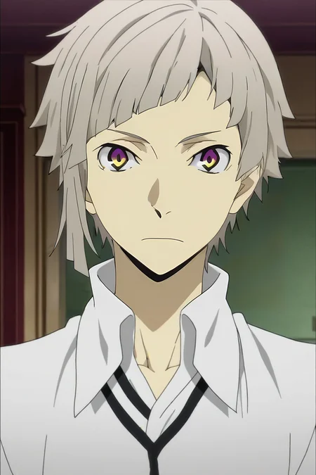 score_9, score_8_up, score_7_up, source_anime, anime screencap, anime coloring, official style, looking at viewer, upper body, , 1boy, solo, male focus, <lora:atsushi_nakajima_pony:1>, atsushi_nakajima, grey hair, yellow eyes, multicolored eyes, purple eyes, short hair, , living room, , <lora:sdxl_lightning_8step_lora:1>