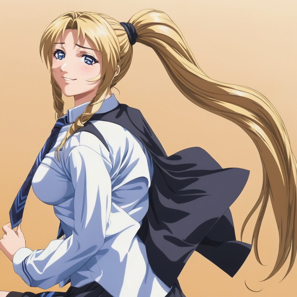 anime artwork of  <lora:BB_Kaori Saeki:1>
Kaori Saeki a girl with long blonde hair wearing a tie,1girl,solo,long hair,smile,blue eyes,blonde hair,school uniform,ponytail,necktie,grey eyes,blonde hair,long hair,pony tail,eroge,anime,manga,nsfw,cartoon,Adult animation,explicit,Original video animation,Baiburu Burakku style,Bible Black style ,blonde hair, long hair, pony tail, eroge,anime,manga,nsfw,cartoon,Adult animation,explicit,Original video animation, Baiburu Burakku style, Bible Black style, school girl outfit, anime style, key visual, vibrant, studio anime,  highly detailed