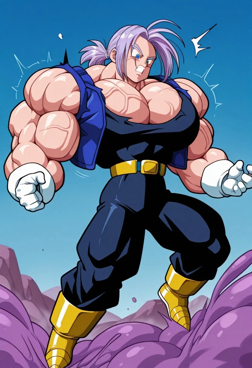 masterpiece, best quality, absurdres, newest, perfect quality, detailed background, intricate details, anime, (((Swallow_Slime concept, dynamic splash effect, enormous purple substance entering mouth))), muscles, musk, (((1boy, solo, male,trnk, 1boy, solo, lavender hair, blue eyes, medium hair, saiya armor, blue bodysuit, white cuirass, gold straps, white gloves, white saiya boots, leold style, ponytail, blue cropped jacket, black tank top, sleeveless, torn jacket, yellow belt, grey buckle, red buckle, black pants, yellow boots,))), surprised facial expression, (((sound effect "Gulp" visible))) swallowing slime,((( Uneven trapezius growth, hyper muscles, bulging throat, urban background, ripped clothes,ripped clothing,muscular, huge pecs, huge biceps, veiny pecs, veiny biceps, veiny neck, abs, blushed, huge veins, )))