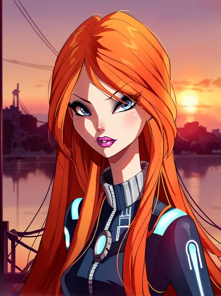 score_9, score_8_up, score_7_up,
 <lora:WinxAndTrixPony:0.8>,winxtrix,
,bloom,cartoon style, 1girl, solo, long hair, blue eyes, animification, makeup, orange hair, lipstick, looking at viewer, sunset