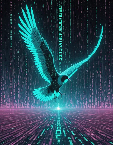 Glitchcore Art Style, detailed, mmatrix-style, silhouette, code, text focus, glitch, digital dissolve, bird, dynamic, dramatic, distorted, vibrant colors, glitchcore art style