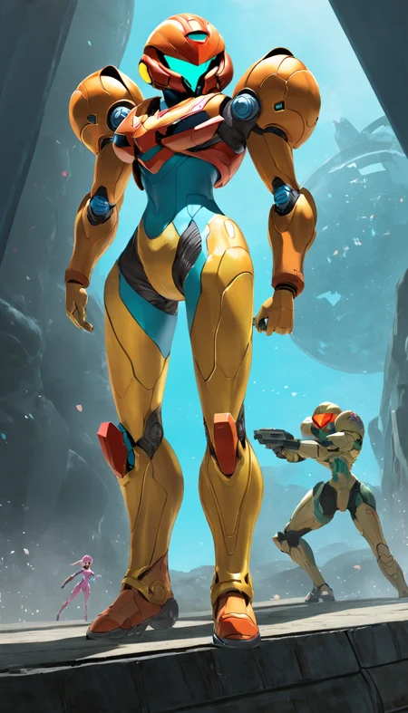 concept art Cinematic scene, hero view, Samus Aran, action pose, detailed background, masterpiece, best quality, high quality, highres, absurdres <lora:samus_aran_xl_v1:1> . digital artwork, illustrative, painterly, matte painting, highly detailed