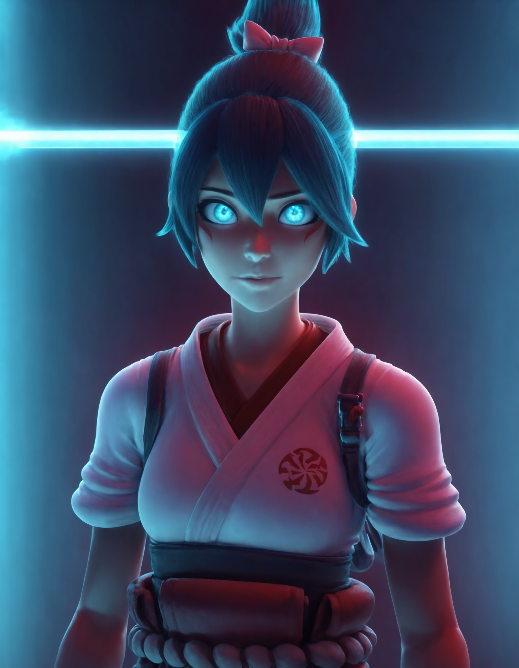 photon mapping, radiosity, physically-based rendering, best quality, highly detailed, 1girl,looking at the viewer, glowing eyes, blue eyes,  Japanese clothes, red leggings, light bar, upper body,
 <lora:illkiriko:1>