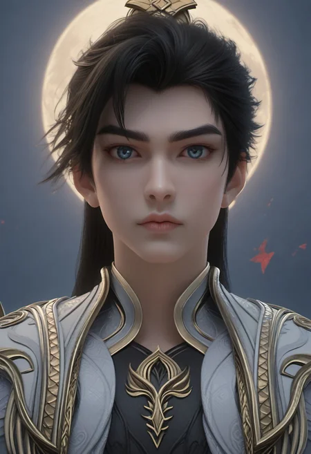 (super detailed gentle clean face), expressiveH, portrait, focus on face, score_9, score_8_up, score_7_up, shihao, 1boy, solo, black hair, blue eyes, ponytail, slim toned male. create a stunning plot image of an fantasy hero in epic pose, designed in an ultra-detailed, realistic art style.  The image should capture the essence of strength, beauty, and power, with dramatic lighting that accentuates the character's features and presence.