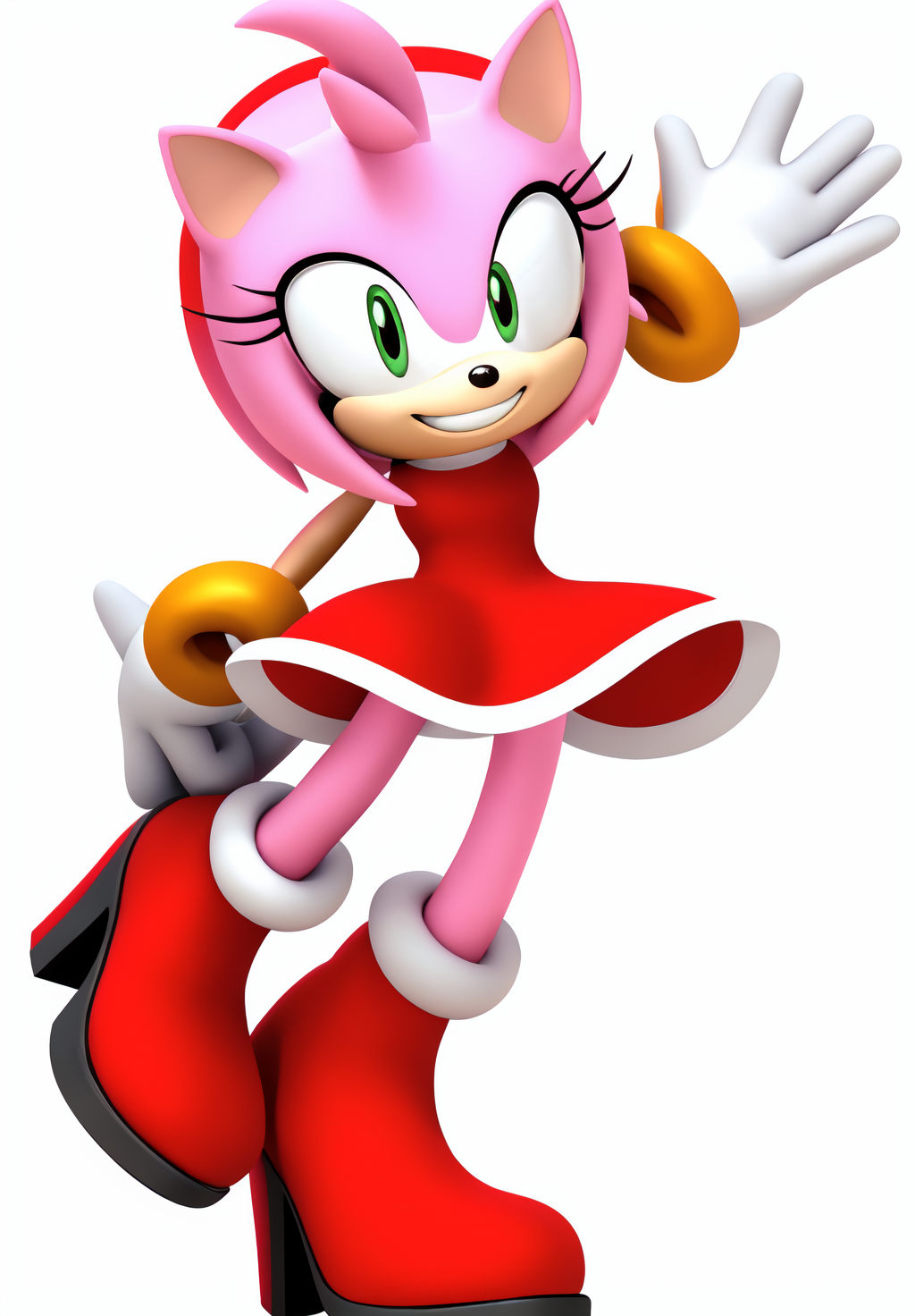 <lora:Amy_Rose:0.8>, Amy_Rose, 1girl, solo, looking at viewer, smile, simple background, dress, standing, full body, teeth, sleeveless, grin, arm up, high heels, red dress, happy, clenched hand, white background
