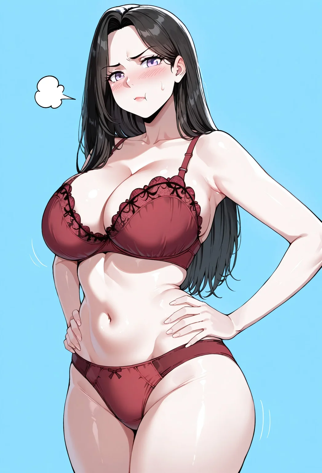 masterpiece, best quality, amazing quality, absurdres, 

han_3uncha3, l1ngeri3_han, 1girl, solo, black hair, long hair, purple eyes, lips, collarbone, cleavage, large breasts, navel, midriff, groin, underwear only, red bra, lace-trimmed bra, red panties, frilled panties, barefoot,

Pout, :t, hands on the hips, cowboy shot, looking at viewer, standing, blush, simple background, blue background, 