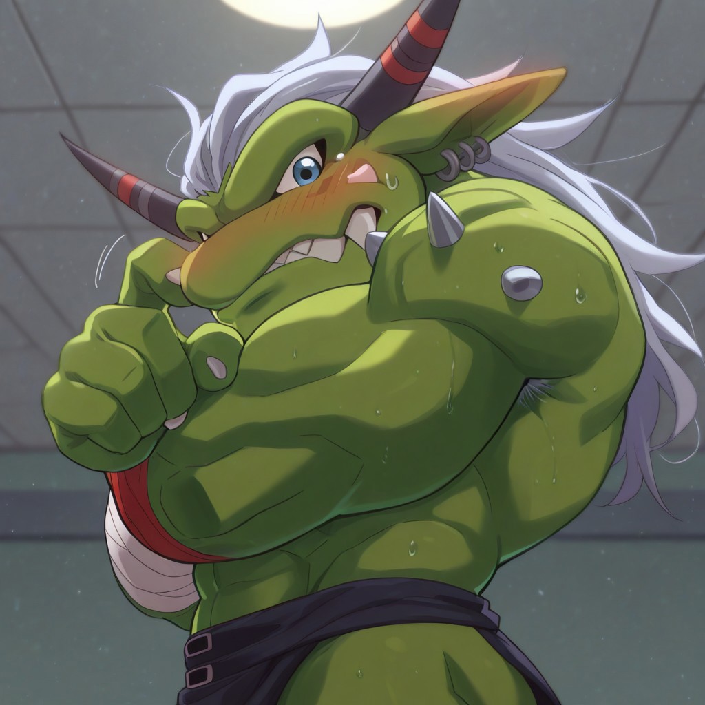 High quality, good shots, ogre10101110, Ogremon, digimon, 1boy, solo, green skin, blue eyes, teeth, mouth open, no nose, bandages, loincloth, horns, black horns, gym background, flushed, side angle shot, arms crossed, looking away from viewer slightly, upper body shot, (shy:1.6), flushed, scratching cheek with index finger,