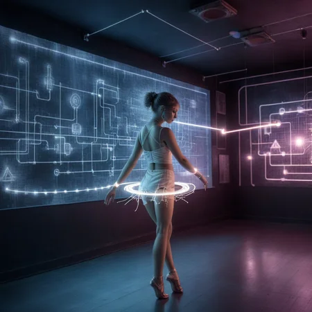 ampereart dancer in a nightclub full of electrical diagrams, very realistic <lora:ampereart:0.9>