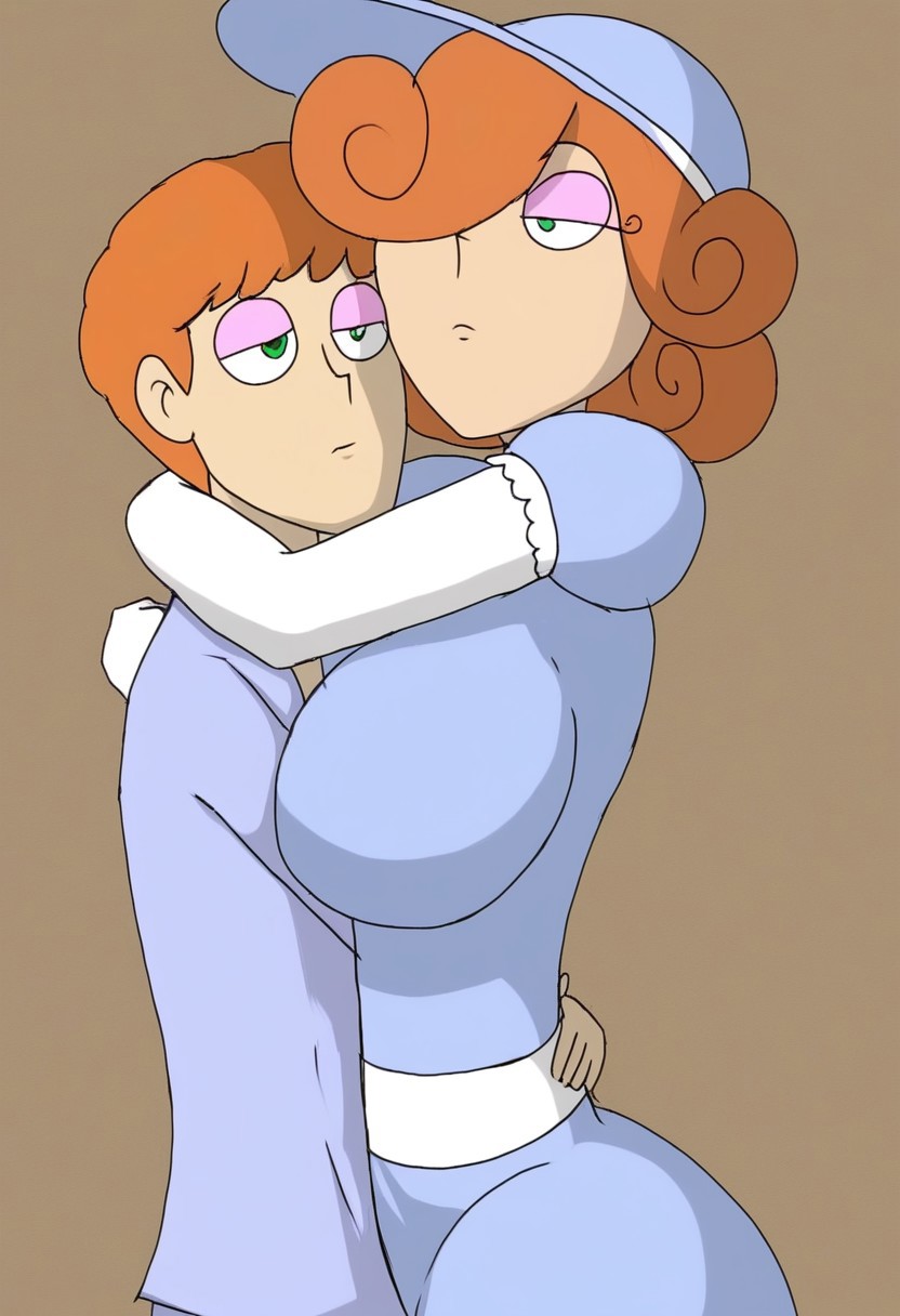 juliet gusman, green pupils, pink eyeshadow, curly eyelashes, orange hair, curly hair, hair over one eye, unamused, hat, blue dress, puffy sleeves, short sleeves, white gloves, elbow gloves, long dress, large breasts, berry big ass, big breast thighs, hug, hug a short man ,possesive ,