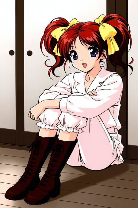 masterpiece, best quality, absurdres, official art, official style, general BREAK,
<lora:janjans1-hina_IL2_v1:0.7>, kawahara hina, 1girl, solo, red hair, blue eyes, parted bangs, short hair, short twintails, hair ribbon, yellow ribbon, shiny hair, retro artstyle, 1990s \(style\), anime coloring,
yellow ribbon, white shirt, collared shirt, long sleeves, puffy sleeves, bloomers, white bloomers, boots, knee boots, lace-up boots, brown footwear, open mouth, sitting, smile, looking at viewer, :d, full body, indoors, happy, striped, wooden floor, head rest