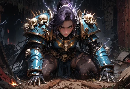 safe_pos, 1girl, solo, 18 year old girl, detailed face:1.4, stunning beauty:1.5, long legs, large body, powerful necromancer:1.3, large saggy breasts, flushed cheeks, fierce expression:1.6, feral smile, manic grin, uncontrollable anger, raw emotion, dynamic hairstyle, deep rich (dark purple) hair:1.5, freckles:1.4, skin cracking:1.5, glowing cracks in skin, skin breaking:1.5, power overload:1.5, growing cracks in skin, bone armor, skin tight clothing, torn clothing, gloves, low on waist pelvic curtain, thigh highs, necrotic energy:1.4, lightning, perfect eyes:1.5, dark purple glowing eyes:1.5, piercing gaze, dark circular pupils:1.6, exposed thighs, shiny/glossy skin, detailed skin, realistic skin, dynamic pose, crouching amongst bones, holding skull, studying skull, glowing arcane power bursting from skin:1.4, skin breaking with glowing power inside:1.4,
BREAK
cathedral, bone piles:1.3, skulls, smoke, torches, braziers, glowing floor runes,
BREAK
score_9, score_8_up, score_8, masterpiece:1.3, best quality, official art, extremely detailed, CG unity 8k wallpaper, highly detailed, absurdres, high definition, photorealism:1.5, detailed shading, dynamic lighting, high contrast, ambient occlusion, vibrant colors:1.5, saturated colors:1.6, ray tracing,
close up shot:1.6, dynamic angle, source_anime, close shot, face focus, cinematic:1.3, epic:1.5,
expressiveh, NightL40K, MythAn1m3, eye_focus,