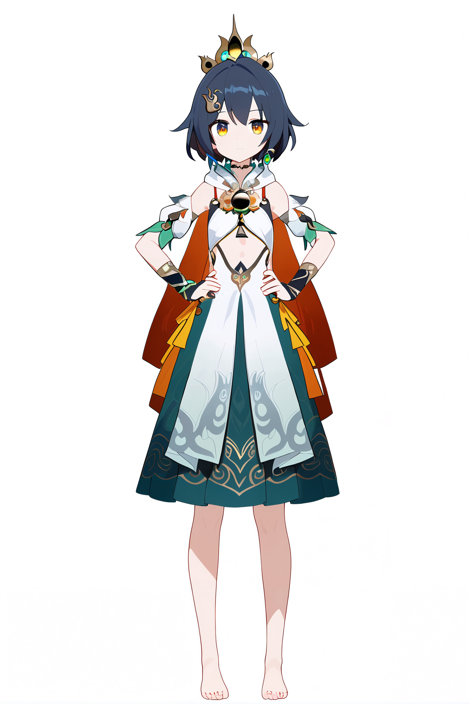 score_9, score_8_up, score_7_up, score_anime, 8k, best quality, masterpiece, (ultra-detailed), (white background,simple background:1.3), solo, hands on hip, (full body:1.1), looking at viewer, 
<lora:yunli-pony-Tanger-000014:0.8>, yunli, default clothes, 1girl, solo, barefoot, dress, jewelry,