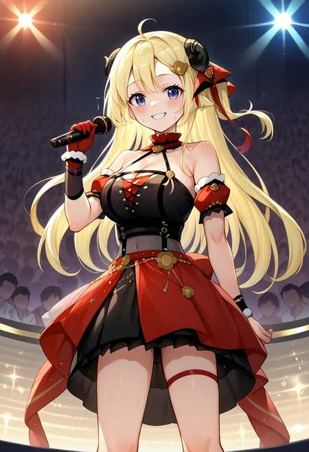score_9, score_8_up, source_anime, 1girl, solo, WatameIdol, long hair, ahoge, hair ornament, black dress, halterneck, puffy short sleeves, detached sleeves, bare shoulders, overskirt, red gloves, single glove, red thigh strap, on stage, sweat, smile, blush, holding microphone, audience, stage lights, <lora:ChamTsunomakiWatamePonyXLV2:1>