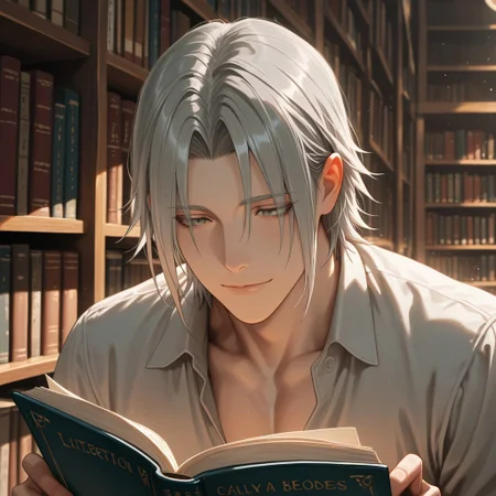 masterpiece, best quality, amazing quality, absurdres, newest, detailed background, definition so sharp, Ultra-HD, 8K cinematic, very awa, impressionate, amazing quality, highres,
solo, male focus, manly,
yashiroisana, 1boy, short hair, parted bangs, shiro_pretime, shiro_grey hair, shiro_grey eyes, reading a book, light smile, calm expression, library, soft light, bookshelves, playful, aesthetic, peaceful, intellectual