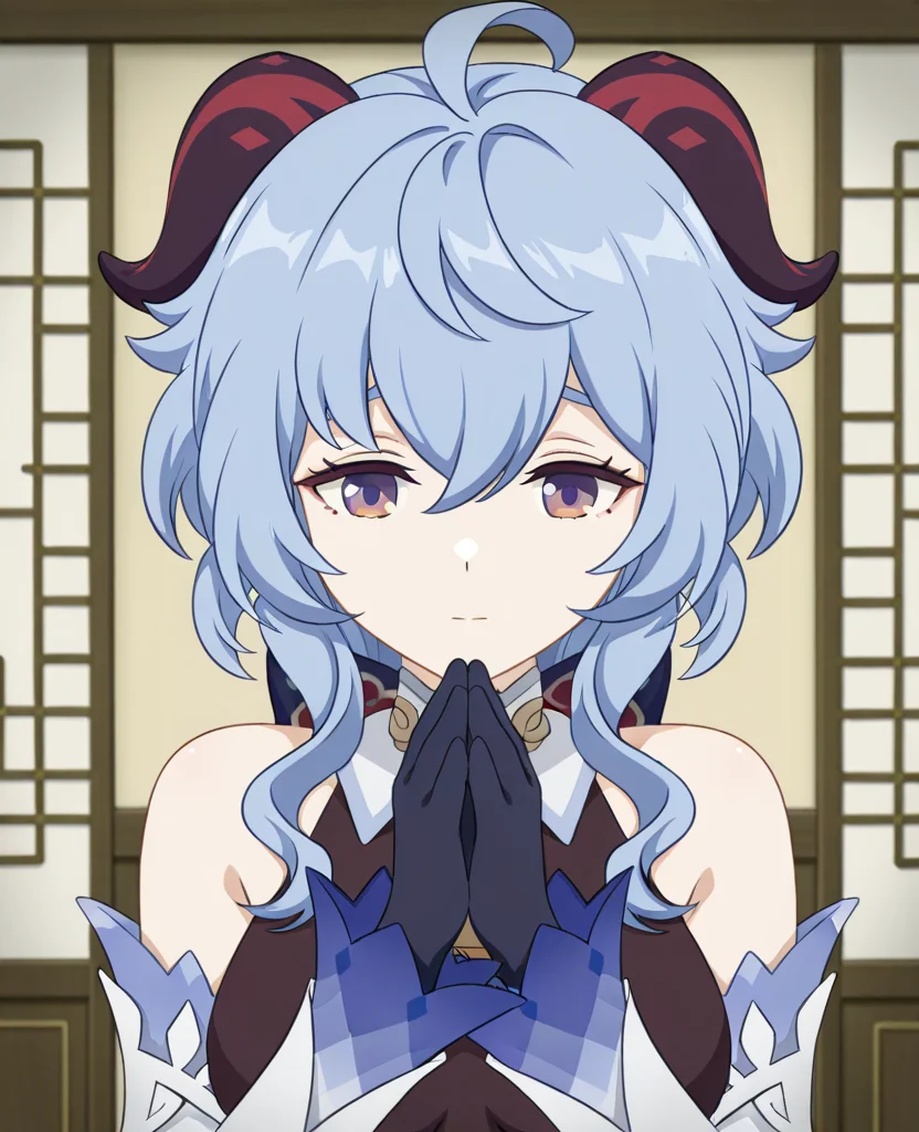 masterpiece, best quality, amazing quality, highres, absurdres, <lora:Eufoniuzs_Anime_Screencap_illustrious_2:1>, flat color, anime screencap, anime coloring, ganyu \(genshin impact\), detached sleeves, chinese clothes, praying, portrait, closed mouth,