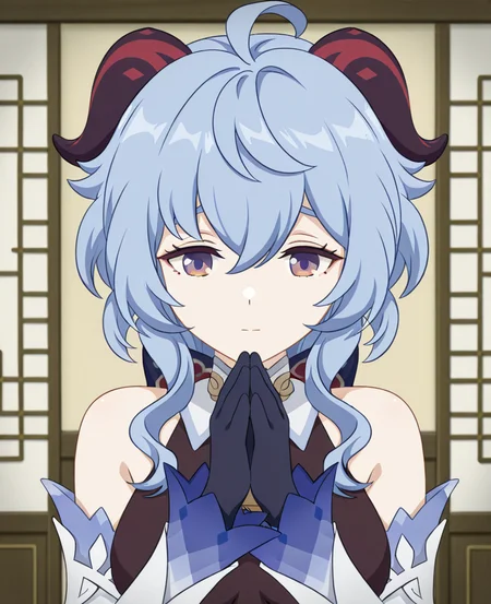 masterpiece, best quality, amazing quality, highres, absurdres, <lora:Eufoniuzs_Anime_Screencap_illustrious_2:1>, flat color, anime screencap, anime coloring, ganyu \(genshin impact\), detached sleeves, chinese clothes, praying, portrait, closed mouth,