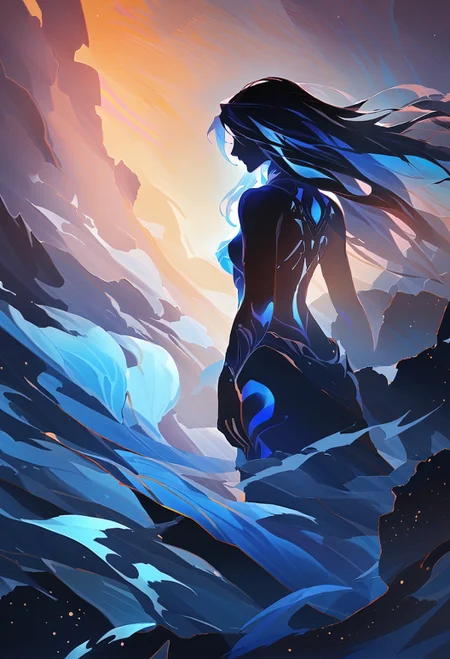 masterpiece, best quality, 1girl,Detailed complex chaotic seascape blue light mysterious silhouette of shiva, goddess of ice, fung-hwang,UV-reactive, blue light art concept by Waterhouse, Carne Griffiths, Minjae Lee, Ana Paula Hoppe, Stylized florescent art, Intricate, Complex contrast, HDR,OverallDetail, mineral color painting <lora:sdxl\sd_xl_dpo_lora_v1-128dim>