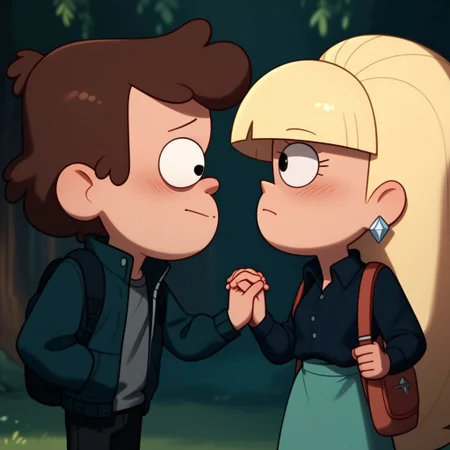 score_9, score_8_up, score_7_up, score_6_up, score_5_up, score_4_up, 1boy, 1girl, DipCif, holding hands, looking at each other, blushing, in the woods, rich colors