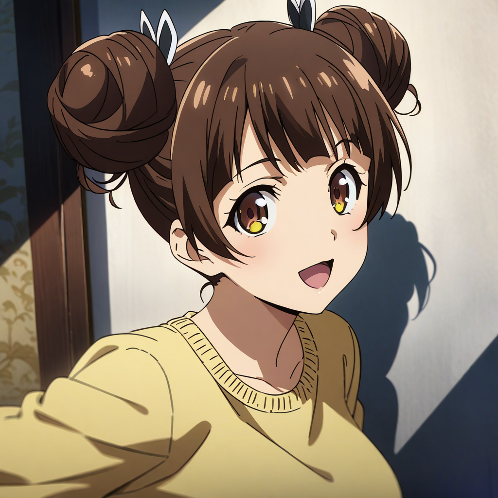 fujinoki_nene, brown hair, brown eyes, large breasts, twin hair buns,  inner white shirt, yellow sweater, portrait, smile, open mouth, looking at viewer, anime coloring, <lora:XL-FujinokiNene:1>, (masterpiece),(best quality),(ultra-detailed),(best illustration),(best shadow),(absurdres),(detailed background),(very aesthetic),