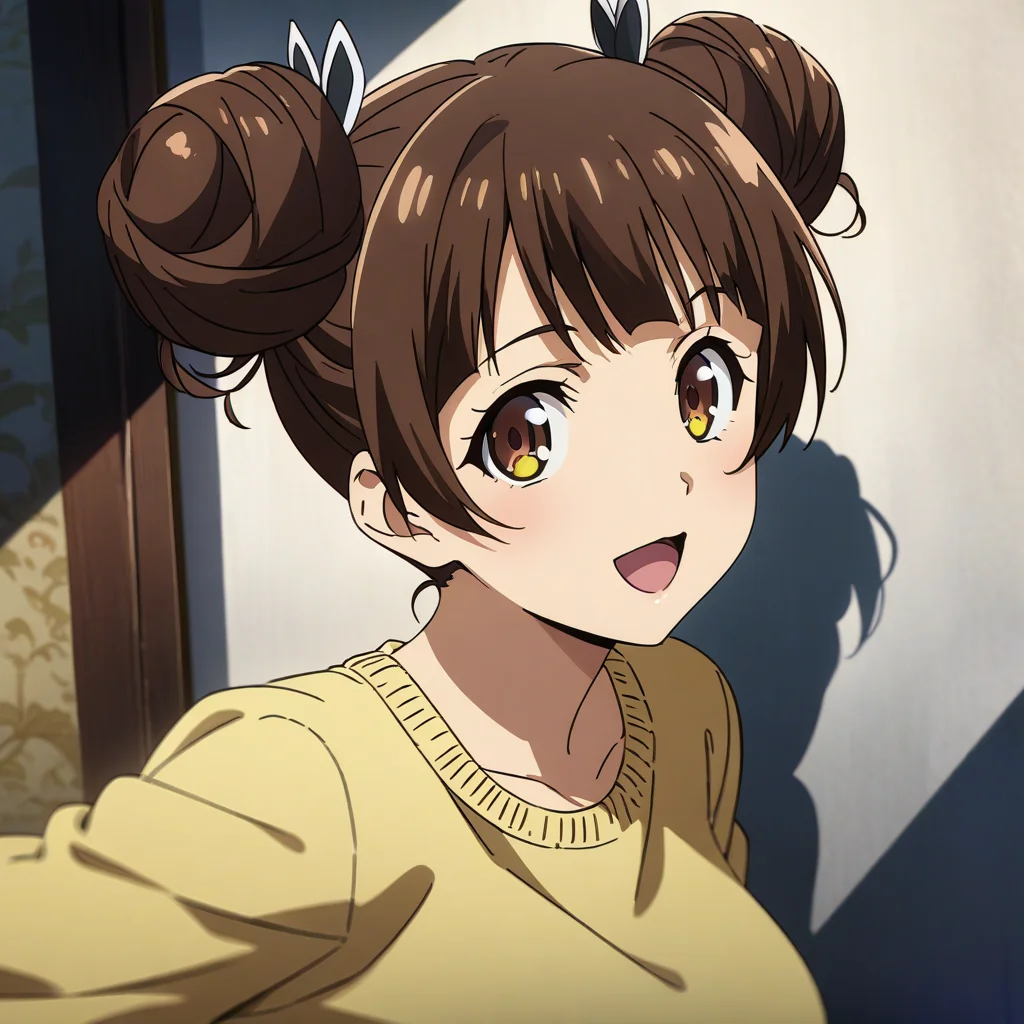 fujinoki_nene, brown hair, brown eyes, large breasts, twin hair buns, inner white shirt, yellow sweater, portrait, smile, open mouth, looking at viewer, anime coloring, <lora:XL-FujinokiNene:1>, (masterpiece),(best quality),(ultra-detailed),(best illustration),(best shadow),(absurdres),(detailed background),(very aesthetic),
