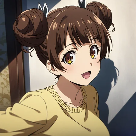 fujinoki_nene, brown hair, brown eyes, large breasts, twin hair buns, inner white shirt, yellow sweater, portrait, smile, open mouth, looking at viewer, anime coloring, <lora:XL-FujinokiNene:1>, (masterpiece),(best quality),(ultra-detailed),(best illustration),(best shadow),(absurdres),(detailed background),(very aesthetic),