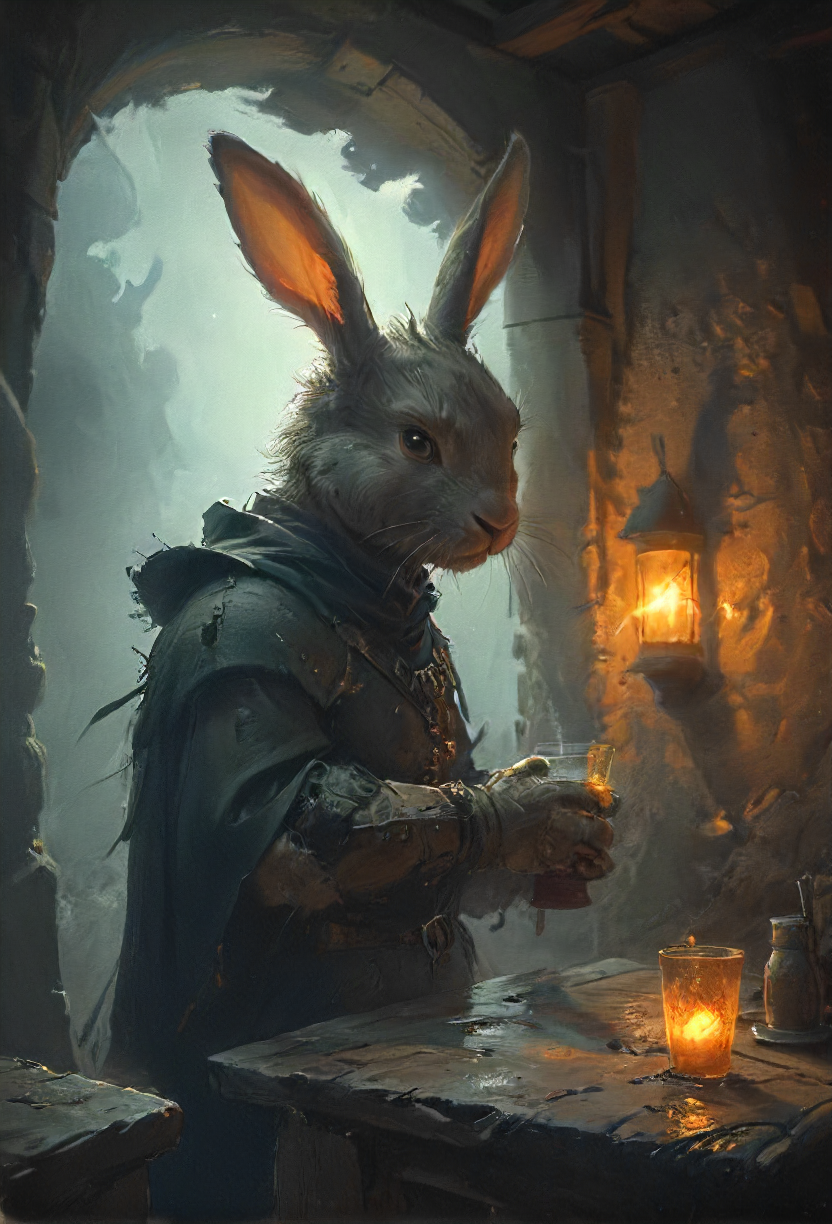 most fearsome cute rugged rabbit (drinking in an old tavern:1.1) to bring eternal cuteness to this tainted dark lands, stone mug,  glowing, rest, party, lost in thought,  epic angle, dynamic shadow play, windows, wast landscape backdrop, cinematic, sharp focus, vivid , simplified, intricate, <lora:HKStyle_V3:0.6>, <lora:- SDXL - vanta-black_contrast_V3.0:0.5>, <lora:20240322-1711051399194:0.4>, <lora:artfullyECHELIER_SDXL_V1:0.4>, <lora:sss:0.8>, <lora:SDXL - Style - EldritchRomanceIllustration1.3.1:0.4>  <lora:Cute_Drawing:0.2>