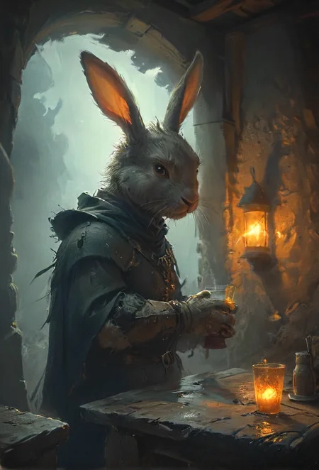 most fearsome cute rugged rabbit (drinking in an old tavern:1.1) to bring eternal cuteness to this tainted dark lands, stone mug,  glowing, rest, party, lost in thought,  epic angle, dynamic shadow play, windows, wast landscape backdrop, cinematic, sharp focus, vivid , simplified, intricate, <lora:HKStyle_V3:0.6>, <lora:- SDXL - vanta-black_contrast_V3.0:0.5>, <lora:20240322-1711051399194:0.4>, <lora:artfullyECHELIER_SDXL_V1:0.4>, <lora:sss:0.8>, <lora:SDXL - Style - EldritchRomanceIllustration1.3.1:0.4>  <lora:Cute_Drawing:0.2>