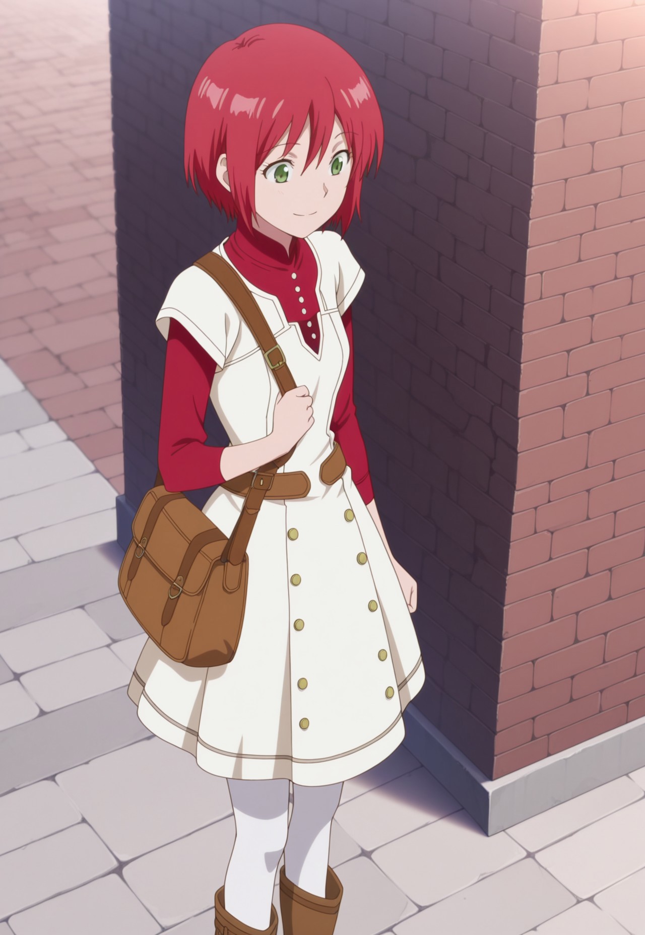 masterpiece,best quality,amazing quality, source_anime, 

shirayuki,1girl, solo, green eyes, red hair, short hair, shirt, red shirt, high collar, dress, white dress, short over long sleeves, belt, white pantyhose, boots, brown footwear, smile, outdoor,bag, shoulder bag, shoulder strap,
