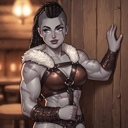 (((beautiful, high quality, perfect eyes, comics style, semi-realistic, perfect hands, detailed face))), score_9, score_8_up, score_7_up, BREAK bust shoot, solo 1girl, Vladislava Galagan, Goliath, gray skin, tall, ((large muscular body)), dreadlocks, undercut, long ponytail, big lips, confident smirk, body tattoo, face tattoo, leaning against a wall, tavern, brothel, animal fur trim, leather straps, scars, bare arms, gladiator armor, leather strip lappets, pteruges, crotch harness, bracers, fantasy background, blurred background, easynegative, JIM EIDOMODE, Dungeons and Dragons 5th edition style illustration, looking to the viewer, <lora:add-detail-xl:3>