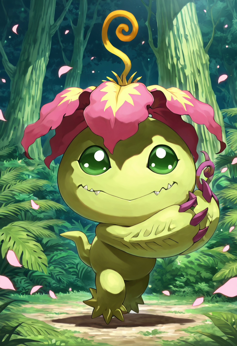 masterpiece, best quality, no humans,    zzPalmon, twirling in the center of a glowing jungle clearing, its petals flaring outward as fireflies spiral through the misty night.  ,<lora:PalmonDigimon_IXL:1.0>,