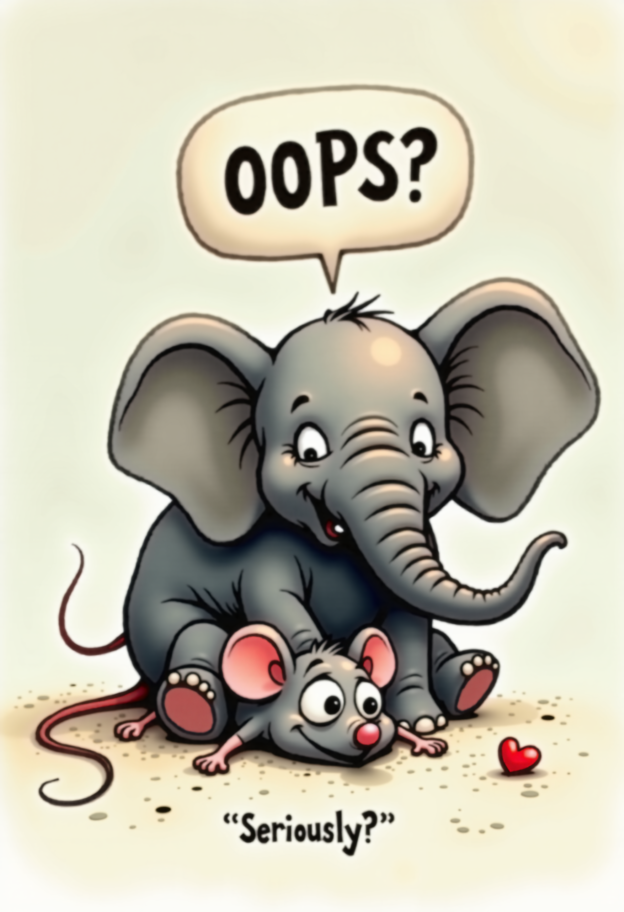 A large elephant sits on a mouse and says "OOPS?", the mouse is lying under the elephant on the ground, the mouse says "Seriously?". Tagline this 'Seriously?' in smaller, white font at the bottom. The mouse is crushed under the weight of the elephant, the mouse's eyes have popped out of their sockets, the mouse's arms are spread wide apart, and in front of them lies a little red heart.