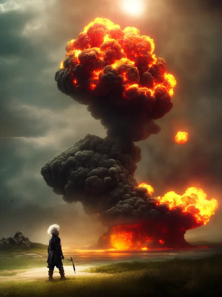 Albert Einstein  and his pet hypernuke on a leash that he holds, illustrated in FWATCH STYLE, colour grading, (Albert Einstein with curly hypernuke hair), SD2VrayRender, PhotoHelper, SD2CINEMA768-DIGITAL. SD2PaintedLandscape
