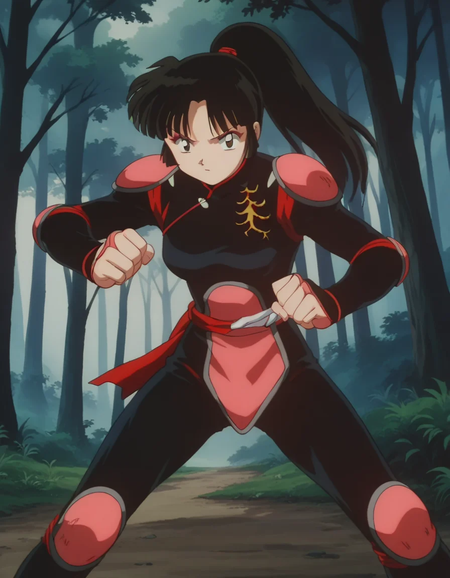 score_9, score_8_up, score_7_up, source_anime,
inuyashasango, <lora:inuyasha-sango-ponyxl-lora-nochekaiser:1>,
sango, long hair, black hair, brown eyes, retro artstyle,
ponytail, armor, bodysuit, pilot suit,
outdoors, forest, nature,
looking at viewer, fighting stance,